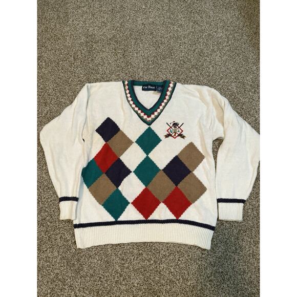 Par Four Sweater Large Golf Knit White Argyle Embroidered Golfer Vintage Read - Picture 1 of 8
